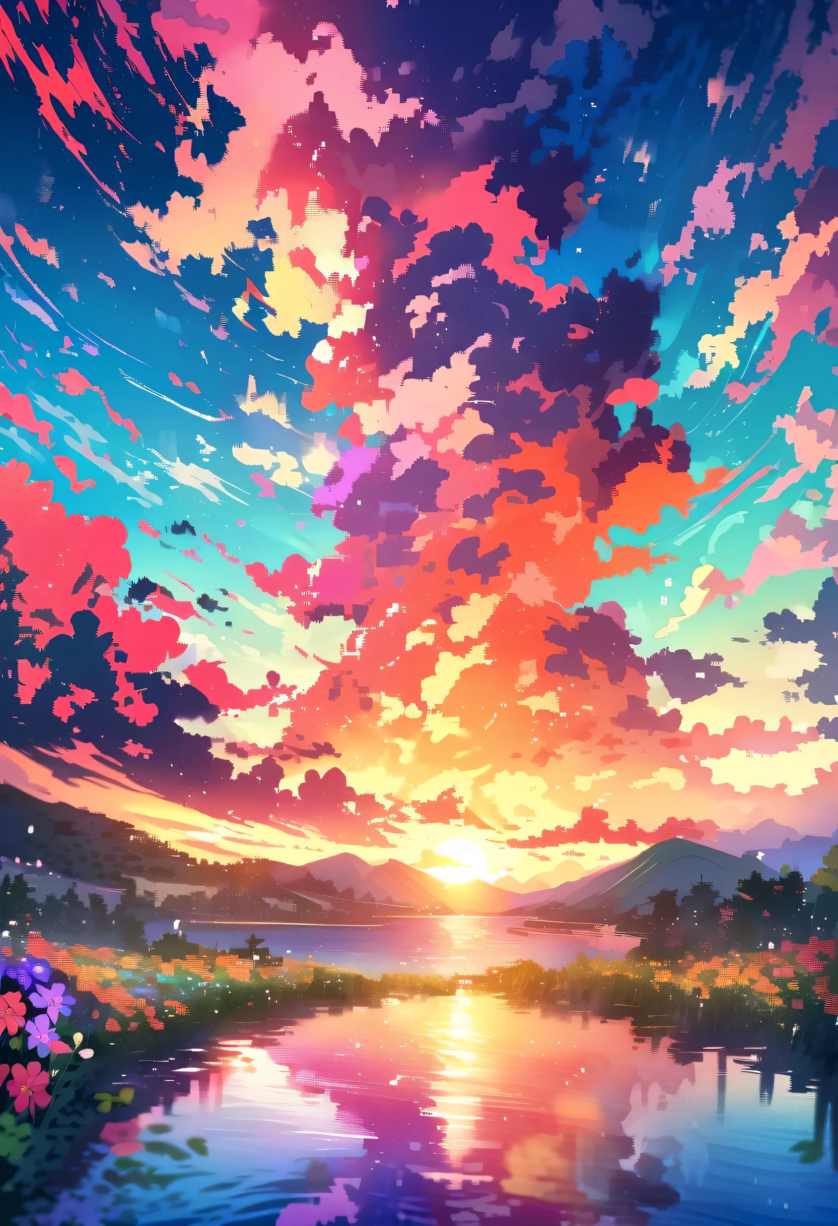 Have a beautiful sunset, The hills are covered with flowers and plants., The flowers are approaching, Colorful sky, Surreal colors, Colorful sunset, Colorful sky, Beautiful sky reflection, Beautiful sky, Fantastic atmosphere 8K, Multicolored clouds, Colored reflections on the lake, Unreal sky, Red and blue reflections, Fire Reflection, Beautiful sky, Beautiful and spectacular sunset, Beautiful dream landscape, Beautiful sky