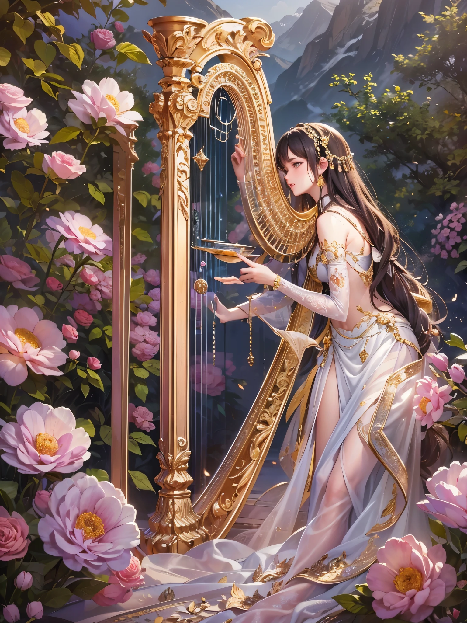 ((Highest quality)),(Ultra-high resolution),(Ultra-detailed new),(Detailed Description),((The best CG)),(masterpiece),Highly detailed art,A wonderful new art form,(Art with precise details:1.5), harp:1.3,flower:1.3,gem:1.3,ribbon:1.1,Exquisite carving:1.3