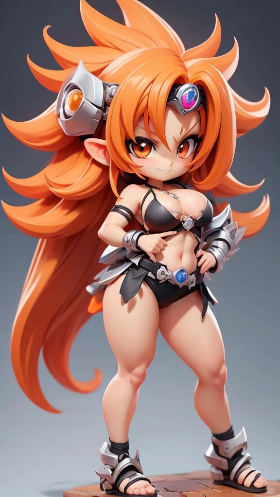 box toy style, Anime girl with orange hair and silver bikini armor, greeneyes, chibi, fluffly, kawaii, seductive anime, Beautiful, fully body, short hair, evil smile, Pendant necklace, hair ornament, ecchie style, anime moe artstyle, (master part), (best quality:1.4),