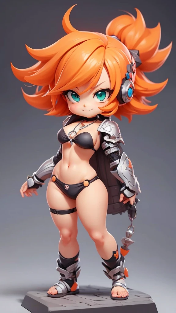  box  toy style, Anime girl with orange hair and silver bikini armor, greeneyes, chibi, fluffly, kawaii,  seductive anime, Beautiful, fully body, short hair, evil smile, Pendant necklace, hair ornament, ecchie style, anime moe artstyle, (master part), (best quality:1.4),