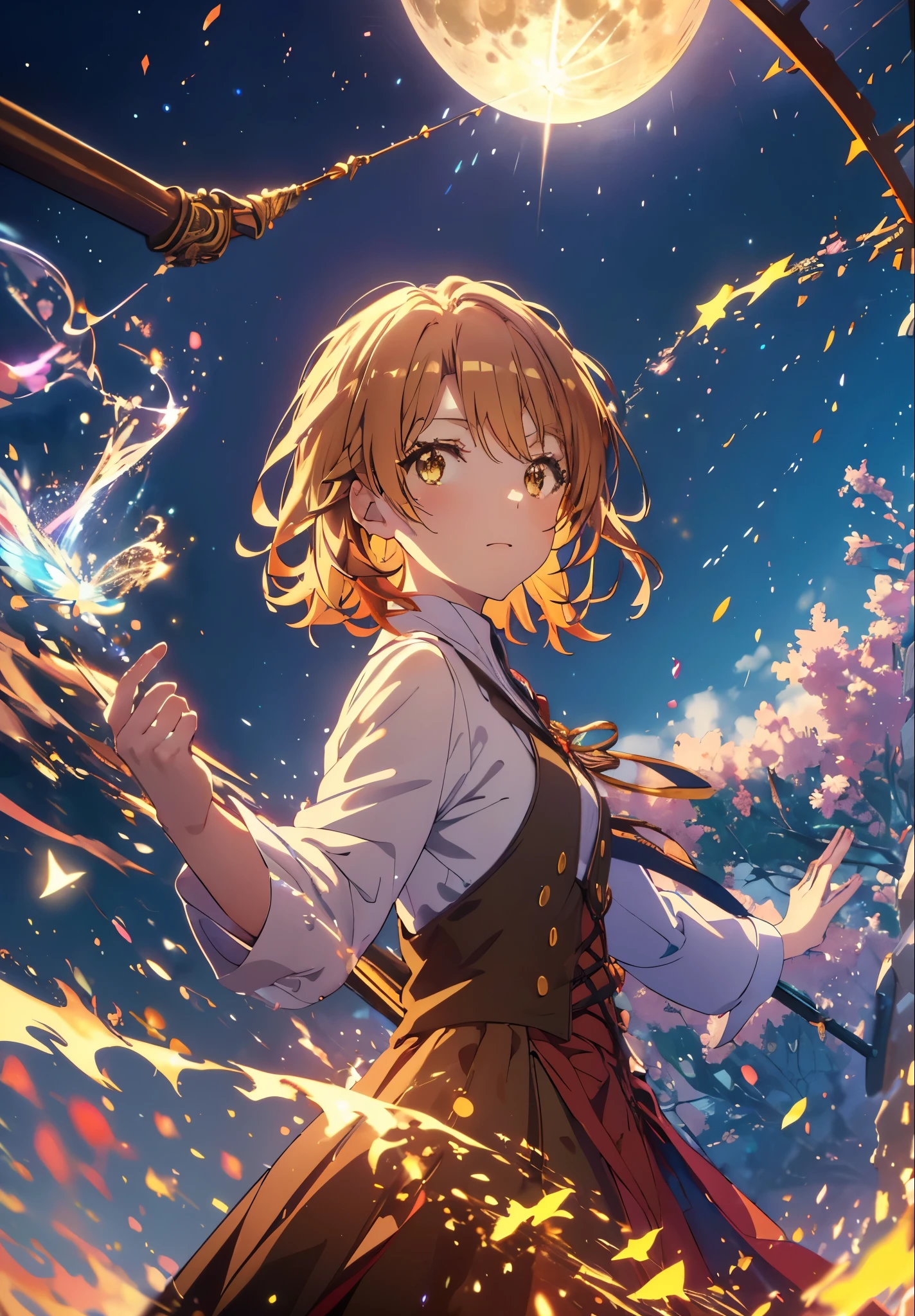 Irohaisshiki, isshiki iroha, short hair, Brown Hair, (Brown eyes:1.5), smile,Open your mouth,((Night Sky)),((Big full moon)),((Sparkling and colorful stars)),Fluffy hair,((Idol style costume with soft volume)),Long skirt,((witch)),In his right hand he possesses a jeweled staff grip.,
break outdoors, forest,forest
break looking at viewer,Upper Body,
break (masterpiece:1.2), Highest quality, High resolution, unity 8k wallpaper, (shape:0.8), (Narrow and beautiful eyes:1.6), Highly detailed face, Perfect lighting, Highly detailed CG, (Perfect hands, Perfect Anatomy),