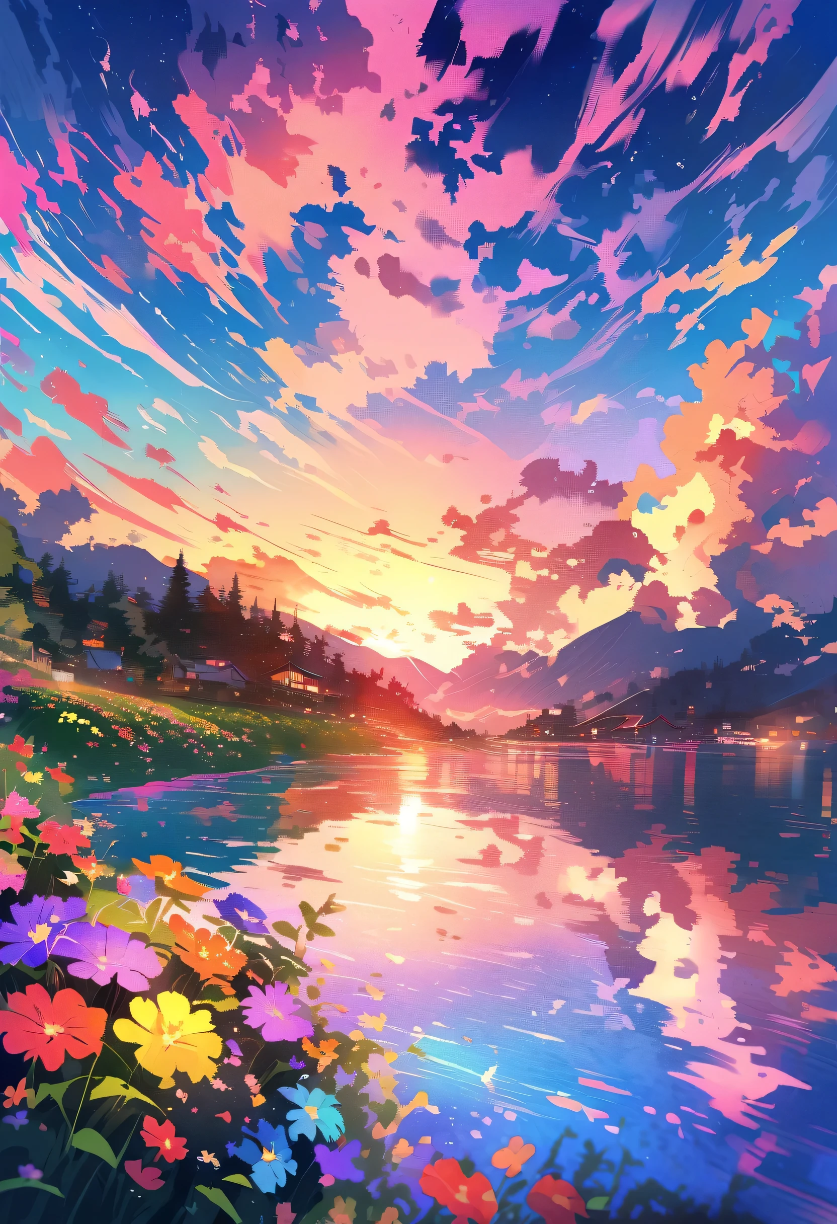 Have a beautiful sunset, The hills are covered with flowers and plants., The flowers are approaching, Colorful sky, Surreal colors, Colorful sunset, Colorful sky, Beautiful sky reflection, Beautiful sky, Fantastic atmosphere 8K, Multicolored clouds, Colored reflections on the lake, Unreal sky, Red and blue reflections, Fire Reflection, Beautiful sky, Beautiful and spectacular sunset, Beautiful dream landscape, Beautiful sky