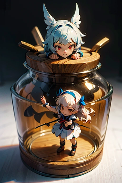 3D-illustration of a very cute girl figure in a jar, Masterpiece((must)), Palm-sized, cute, The face is dense((must)), Ilya Kuvshinov