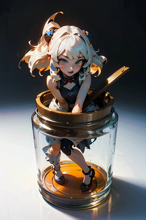 3D-illustration of a very cute girl figure in a jar, Masterpiece((must)), Palm-sized, cute, The face is dense((must)), Ilya Kuvshinov