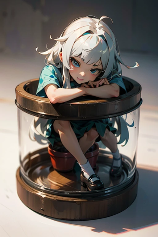 3D-illustration of a very cute girl figure in a jar, Masterpiece((must)), Palm-sized, cute, The face is dense((must)), Ilya Kuvshinov