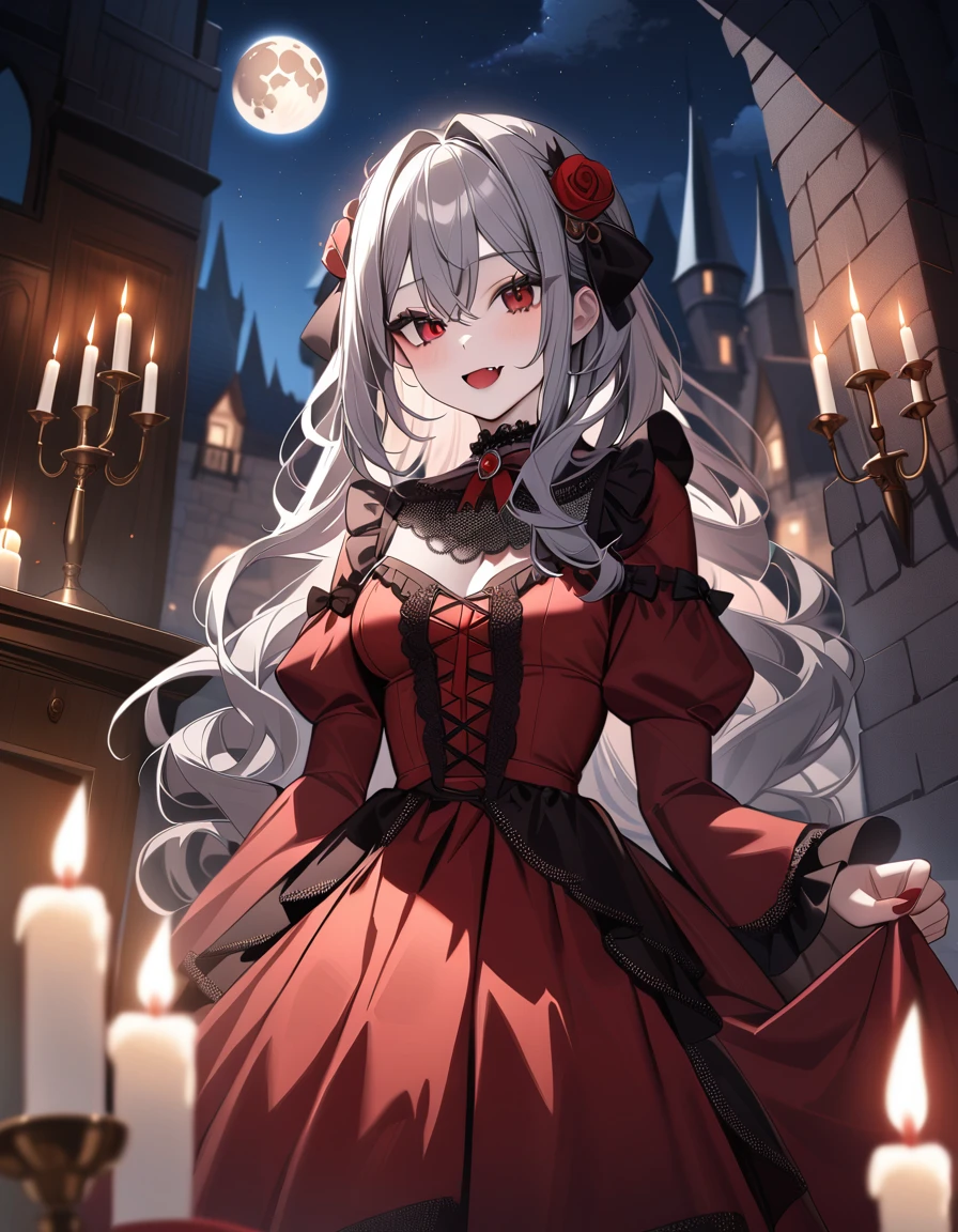 masterpiece, best quality, highly detailed, 1girl, cute vampire girl, pale skin, long wavy hair, red eyes, small fangs, elegant gothic lolita dress, frilly black and red dress, lace choker, moonlit castle background, medieval stone architecture, full moon, night sky, starry night, candlelight, old books, antique furniture, cobwebs, dramatic lighting, atmospheric, cinematic, dark fantasy