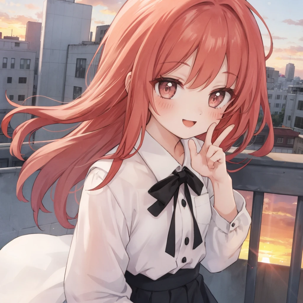 one girl,light red hair,white blouse,black long skirt,smiling face,V pose,school rooftop background,sunset time
