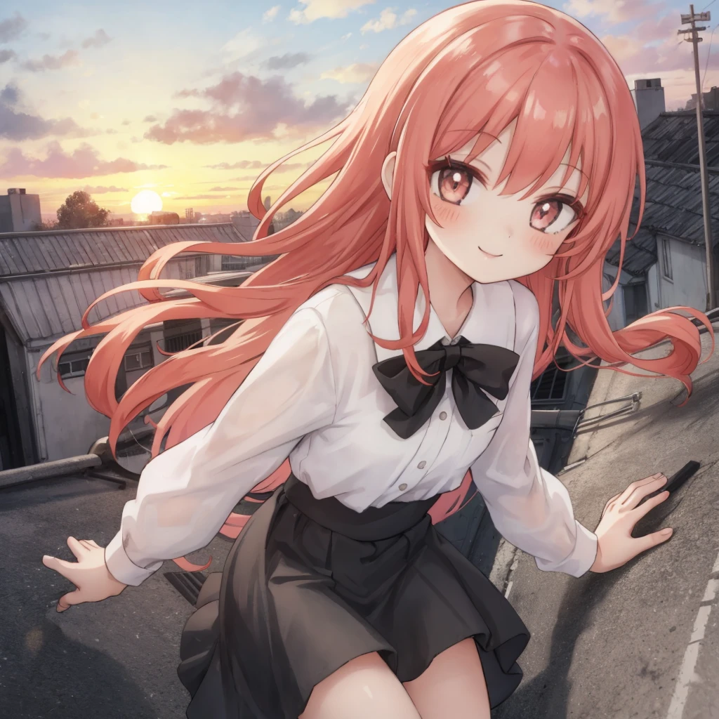 one girl,light red hair,white blouse,black long skirt,smiling face,V pose,school rooftop background,sunset time
