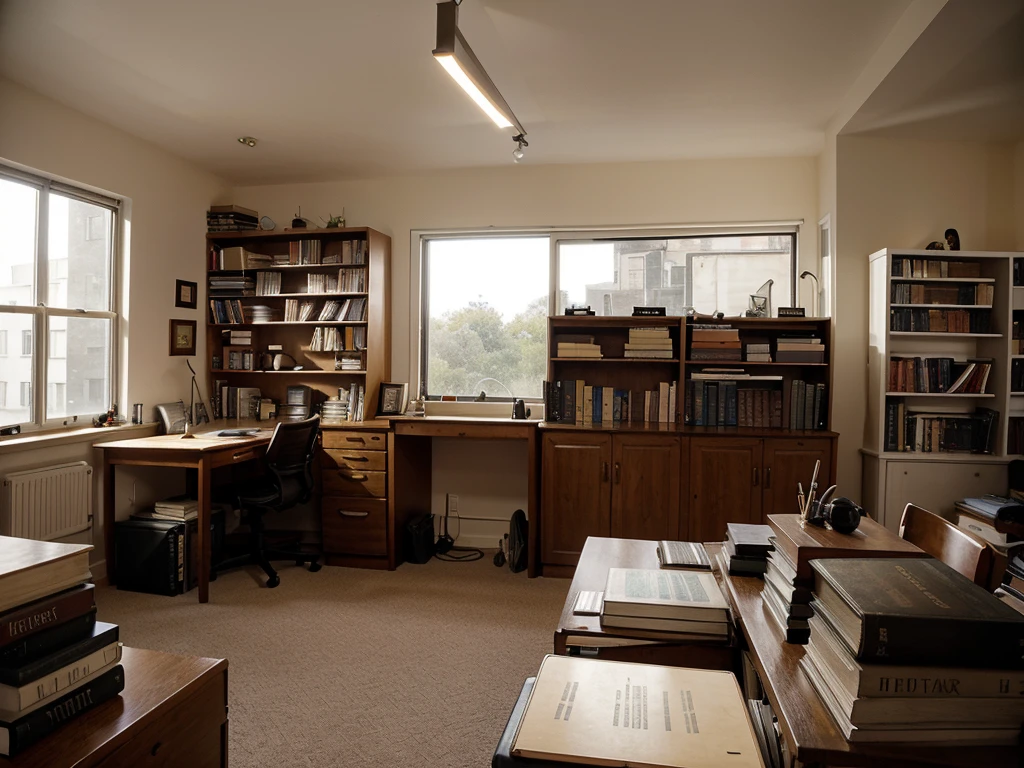 A room with a window on both sides of it is a library with books, and to the left of the picture is a lampshade. In the middle of the room is a table facing the camera. On the table are books and some old office supplies.