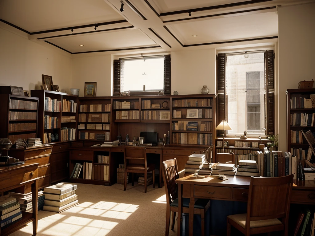 A room with a window on both sides of it is a library with books, and to the left of the picture is a lampshade. In the middle of the room is a table facing the camera. On the table are books and some old office supplies.