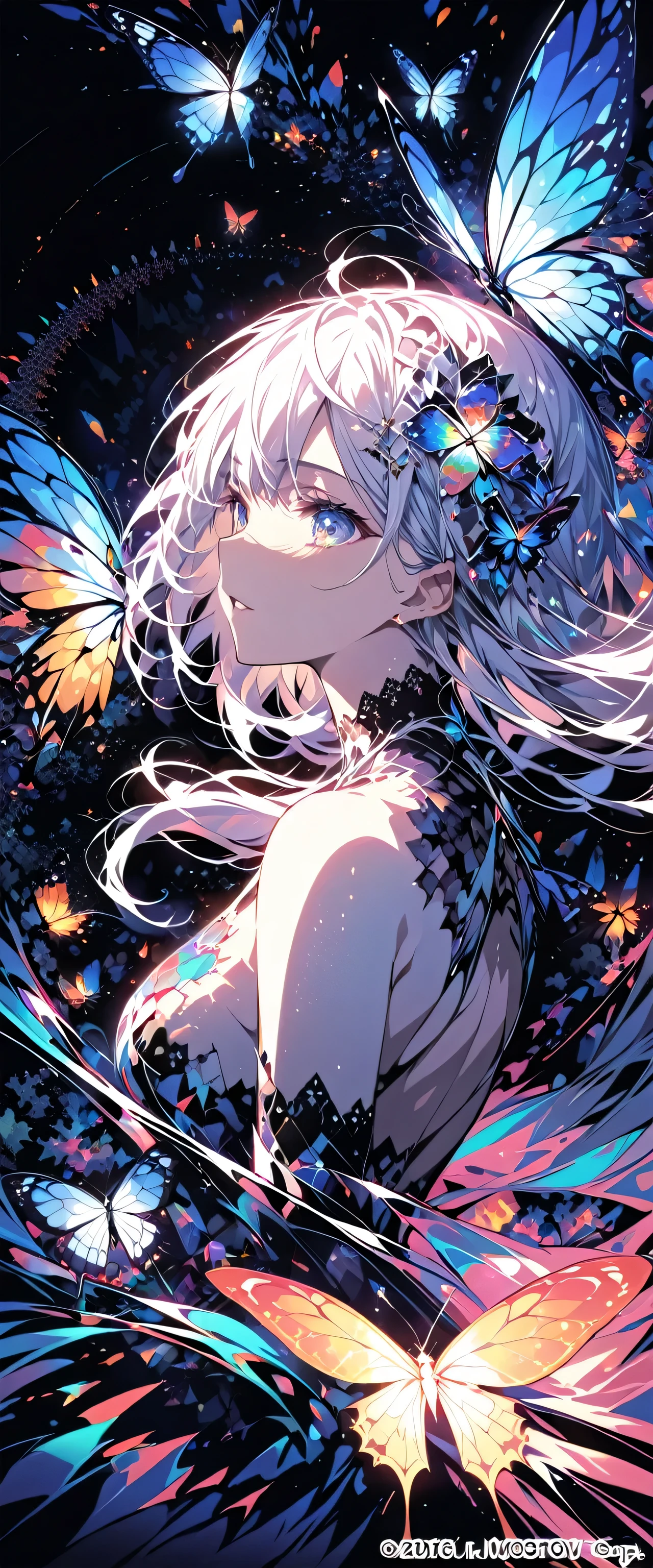 (masterpiece, Highest quality, Highest quality, Official Art, beautifully、aesthetic:1.2), (One girl), Very detailed,(Fractal Art:1.3),colorful,Most detailed,Upper Body, [race],[jewelry],[flower],[[butterfly]],