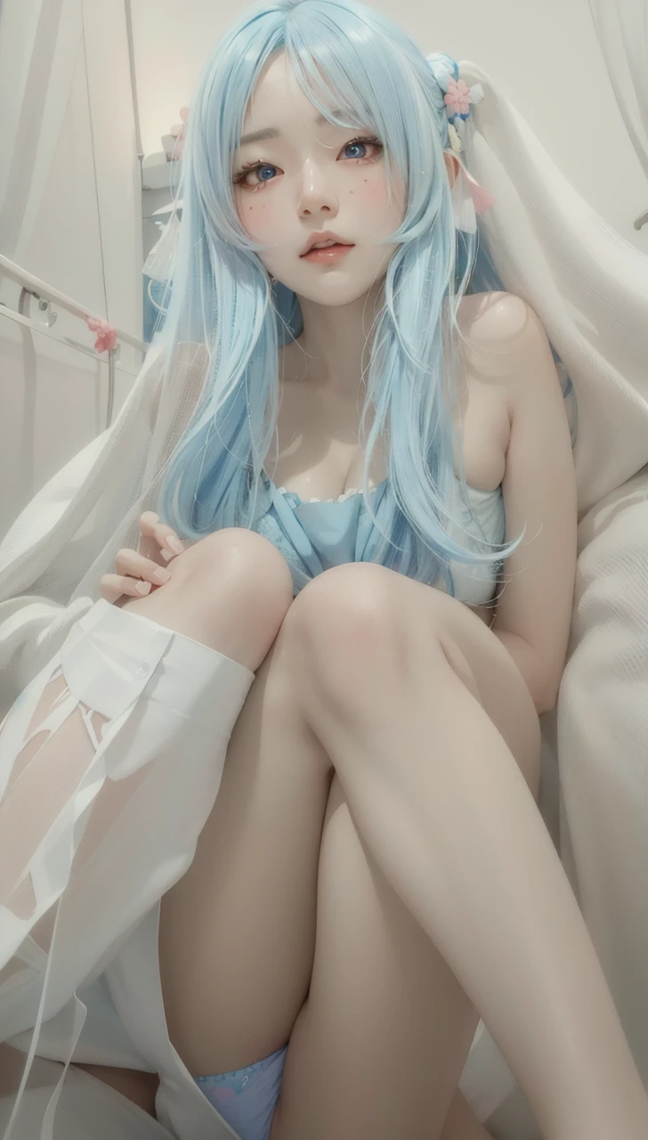 a cute japanese with blue hair, wearing a japanese , pink panties visible, detailed face, beautiful eyes, detailed lips, 1girl, highres, ultra-detailed, photorealistic, studio lighting, dynamic pose, dramatic lighting, soft pastel colors, cinematic, vibrant colors, beautiful detailed background