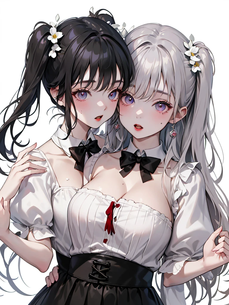 ((High quality)),masutepiece,(Detailed depiction of local details:1.2),1girl in,blue eyes,Plump breasts,Enchanted Valley,Closed mouth,Eyelashes,Portrait,solo,White hair,black theme,Short hair,Silver hair,yorha no. 2 Type B,(((White hair and black hair)))、Full body view、((Two girls dressed similarly))((Woman in white underwear、Woman in black underwear))((Two people smiling))((Light skin and dark skin))(((Black Hair、Dark Skin、Woman in Black Dress)))((white thong))((black thong))Stick your butt out ((Two people who kiss with their tongues))((バブルベッドに寝る2人))