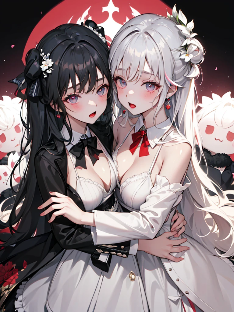 (masterpiece), (best quality), (ultra detailed),(disheveled hair),(illustration), (1girl), (Fashionable clothing), standing, Fashion model, looking at viewer, (interview), (simple background),beautiful detailed eyes, delicate beautiful face, Floating,(high saturation),(colorful splashes),colorful bubble,(shining), focus on face, sexy anime aunt, white and dark black hair, short medium messy hair, elegant short hair messy bangs, hair ribbon, floating flowers, floating hairs, (shining), best lighting, best shadow,(explicit content warning) [(Masterpiece: 1.1, Best quality: 1.1), silver eyes, a curvy woman, black silk dress, showing off thighs with double split dress, emphasis, panties, sheer, slightly 0.8 short-medium messy silver and black hair, wet, black ribbon and frilly accessories, black leather accessories, no jewelry, focus on full body. Nsfw. Shadow art behind character, twin/clone selfcest, clone, yuri, ink splash, clingy onto each other.