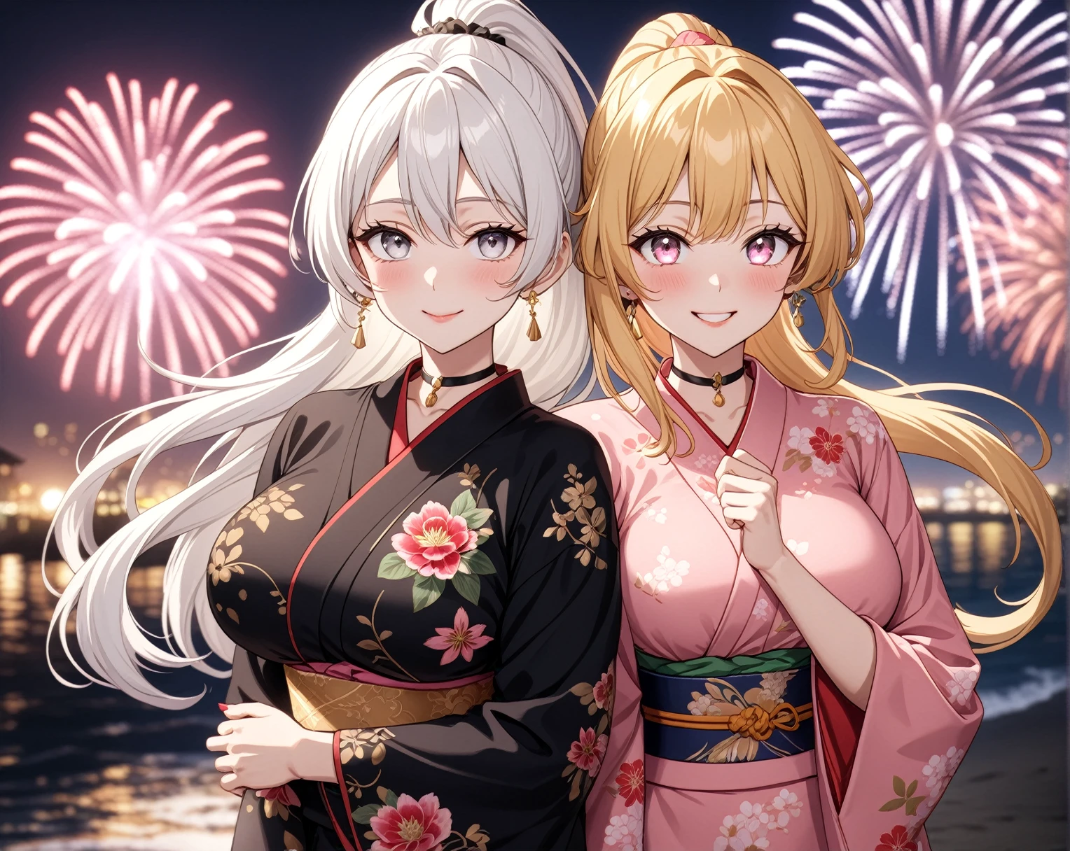 ((Two Women)), Beautiful Face, (Laughing embarrassedly), ((laugh)), ((Wink:1.8)), ((hug from behind)), Laugh with your mouth wide open,((Bright red cheeks:1.4)),Shiny red lips, night,横浜のnight景,You can see the ocean, firework,Glossy pink lips,Facial lighting,((Anime style background)),masterpiece, Highest quality, so beautiful,up to date, Complex details, (4fingers and 1thumbs), (Pink long nails), (ring),(bracelet),(choker),AI-generated, Complex,High resolution, Highest quality, super high quality,3D Images、3D Images,One person,Long white hair in a high ponytail, ((Fine grain、Silvery white eyes、Shining Eyes:1.4)), (Squint your eyes:1.1), Long blonde hair in a high ponytail, ((Fine grain、Pale eyes、Shining Eyes:1.4)), (Squint your eyes:1.1), Anime woman posing for a photo, a hyperRealistic , hyperRealistic , Realistic,Anime woman with long white hair, Smooth anime CG art, A woman in a colorful kimono with gold embroidery, (Black long sleeve kimono),(Pink long sleeve kimono), Red floral pattern,Long flower hair ornament,Earrings,Mature Body,(Big Breasts:1.1),Tall,Abdominal muscles,Narrow waist,(Zoom in on face),