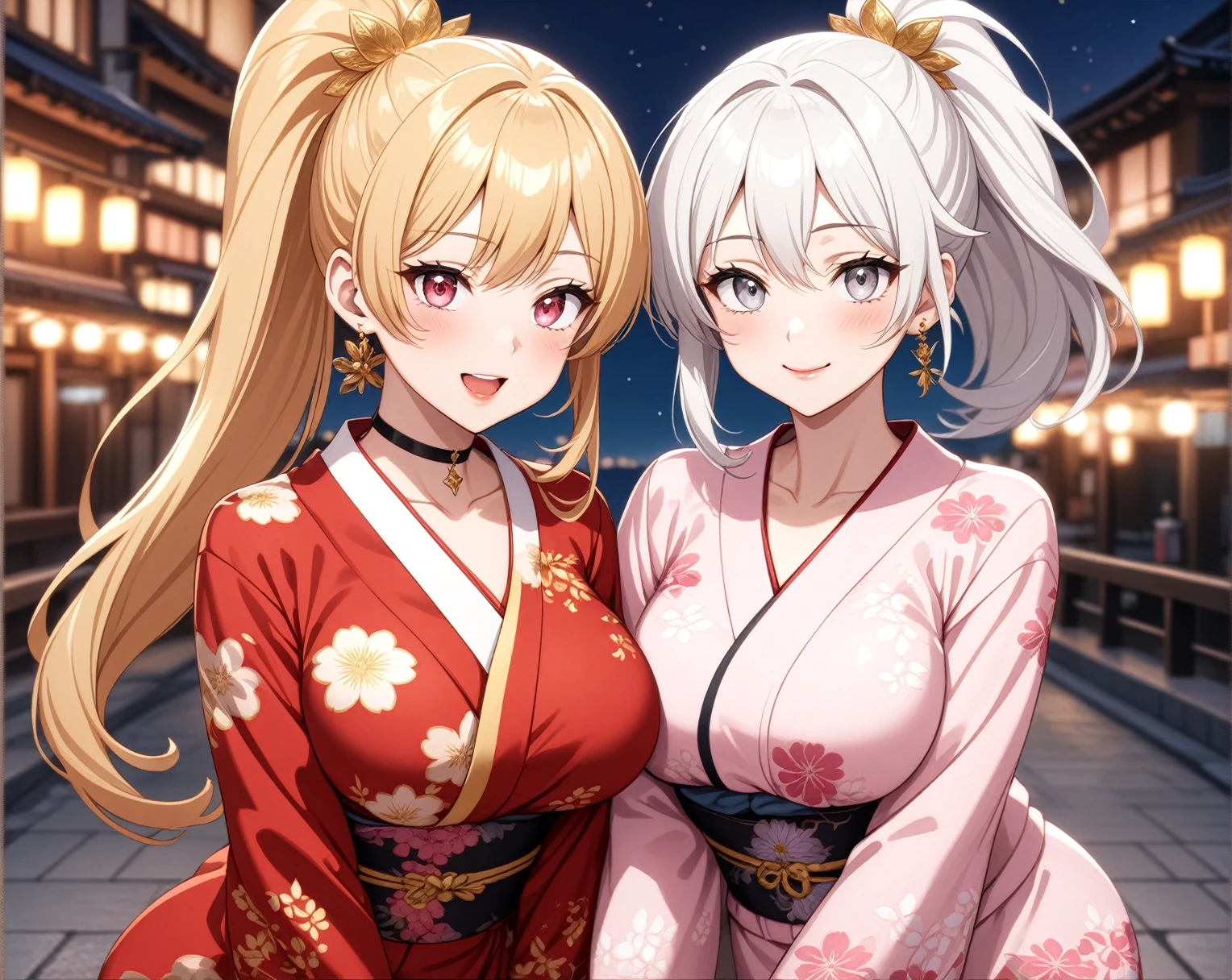 ((Two Women)), Beautiful Face, (Laughing embarrassedly), ((laugh)), ((Wink:1.8)), ((hug from behind)), Laugh with your mouth wide open,((Bright red cheeks:1.4)),Shiny red lips, night,横浜のnight景,You can see the ocean, firework,Glossy pink lips,Facial lighting,((Anime style background)),masterpiece, Highest quality, so beautiful,up to date, Complex details, (4fingers and 1thumbs), (Pink long nails), (ring),(bracelet),(choker),AI-generated, Complex,High resolution, Highest quality, super high quality,3D Images、3D Images,One person,Long white hair in a high ponytail, ((Fine grain、Silvery white eyes、Shining Eyes:1.4)), (Squint your eyes:1.1), Long blonde hair in a high ponytail, ((Fine grain、Pale eyes、Shining Eyes:1.4)), (Squint your eyes:1.1), Anime woman posing for a photo, a hyperRealistic , hyperRealistic , Realistic,Anime woman with long white hair, Smooth anime CG art, A woman in a colorful kimono with gold embroidery, (Black long sleeve kimono),(Pink long sleeve kimono), Red floral pattern,Long flower hair ornament,Earrings,Mature Body,(Big Breasts:1.1),Tall,Abdominal muscles,Narrow waist,(Zoom in on face),