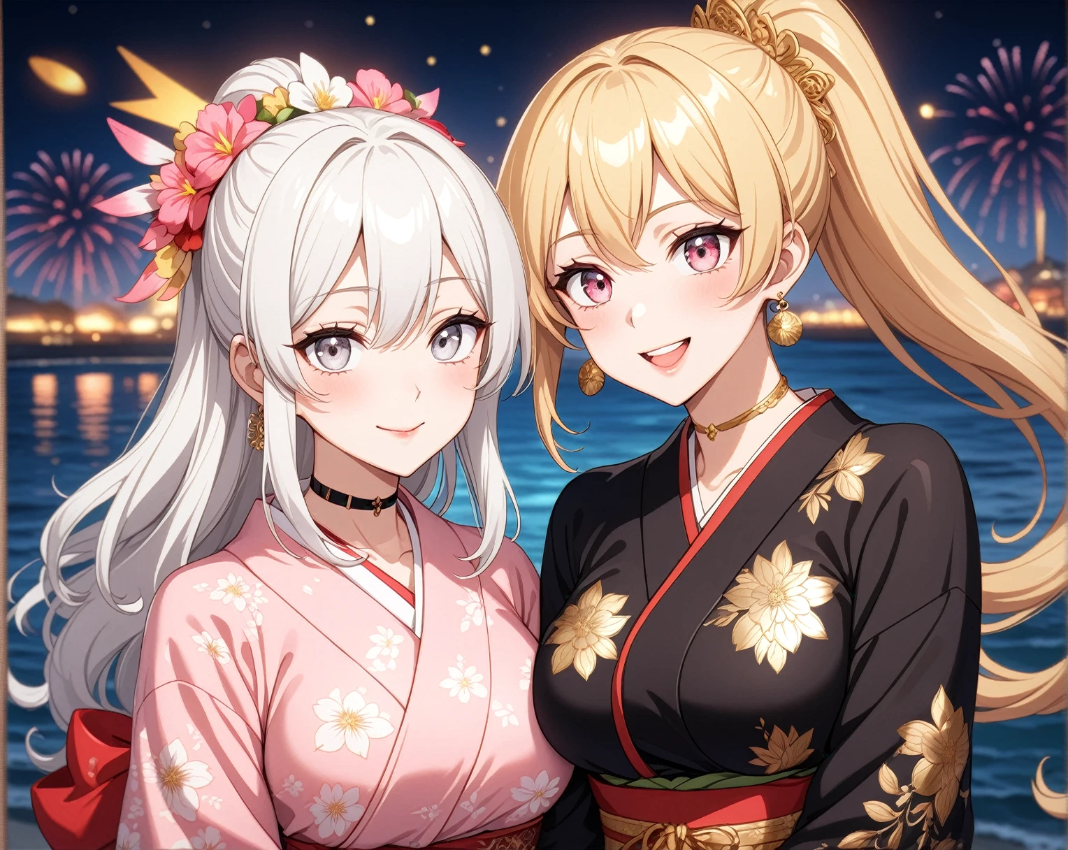 ((Two Women)), Beautiful Face, (Laughing embarrassedly), ((laugh)), ((Wink:1.8)),  ((hug from behind)), Laugh with your mouth wide open,((Bright red cheeks:1.4)),Shiny red lips, night,横浜のnight景,You can see the ocean, firework,Glossy pink lips,Facial lighting,((Anime style background)),masterpiece, Highest quality, so beautiful,up to date, Complex details, (4fingers and 1thumbs), (Pink long nails), (ring),(bracelet),(choker),AI-generated, Complex,High resolution, Highest quality, super high quality,3D Images、3D Images,One person,Long white hair in a high ponytail, ((Fine grain、Silvery white eyes、Shining Eyes:1.4)), (Squint your eyes:1.1), Long blonde hair in a high ponytail, ((Fine grain、Pale eyes、Shining Eyes:1.4)), (Squint your eyes:1.1), Anime woman posing for a photo, a hyperRealistic , hyperRealistic , Realistic,Anime woman with long white hair, Smooth anime CG art, A woman in a colorful kimono with gold embroidery, (Black long sleeve kimono),(Pink long sleeve kimono), Red floral pattern,Long flower hair ornament,Earrings,Mature Body,(Big Breasts:1.1),Tall,Abdominal muscles,Narrow waist,(Zoom in on face), 