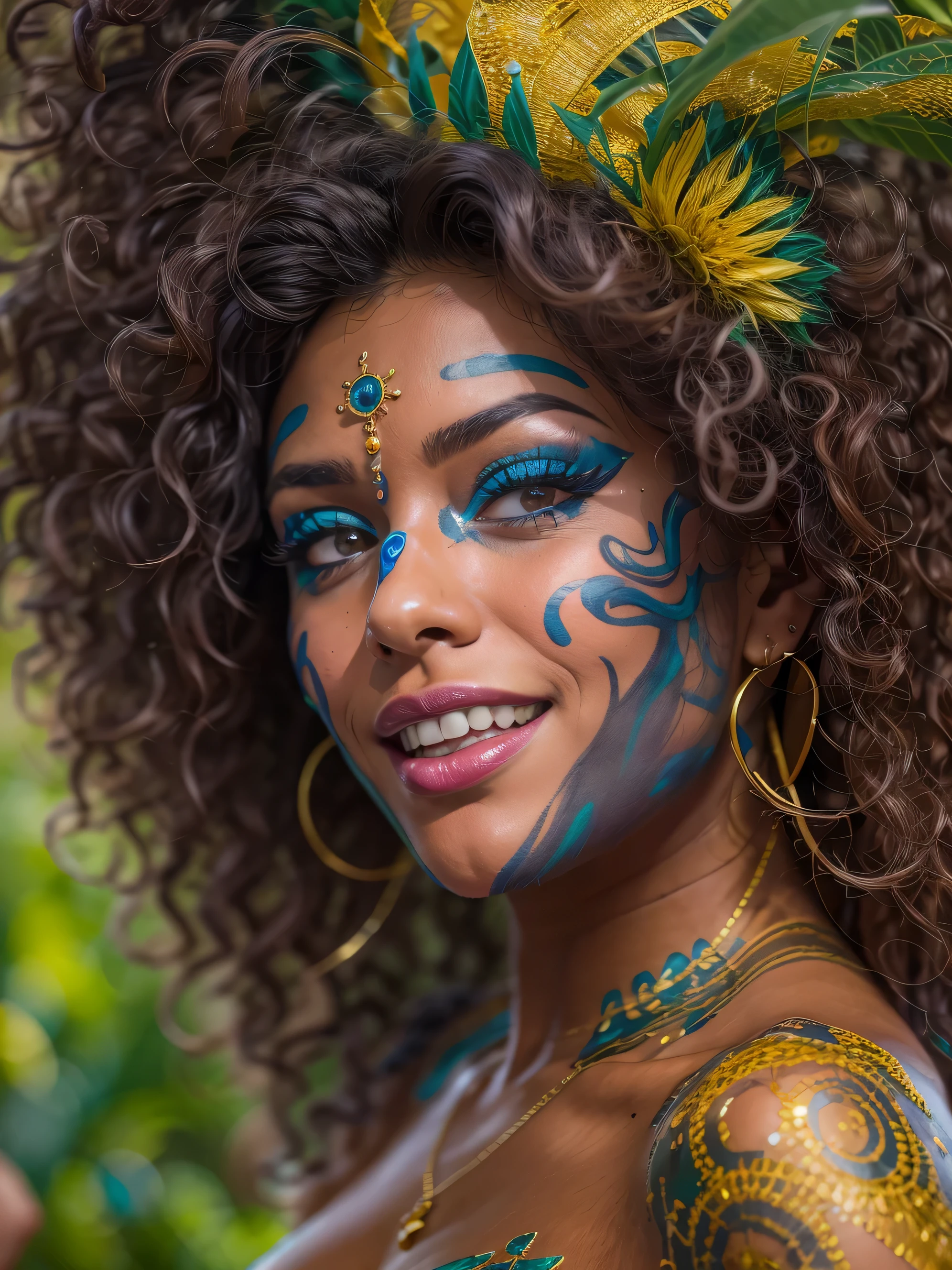 Amazing and ultra hot Brazilian transgender woman celebrating life in carnival,(bzccostume), bodypaint, ultra hot, she is ultra hot and sexy body, she has amazing figure, delicious round booty,((body painted body1.4)),small natural breast, beautiful gaze, happy smile, curly hair, latina transgender, shemale, sexy shemale, Carnival in Brazil, detailed background, depth in vision