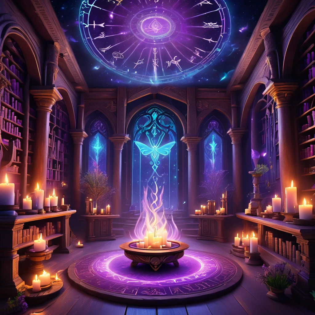 (background: ancient mystical sanctuary:1.2), (central focus: ornate altar covered in ancient runes, glowing softly:1.3), (Accessories: floating candles with flickering flames, enchanted talismans hanging from the ceiling, shimmering magical symbols in the air:1.2), (ambient details: soft, ethereal light illuminating the sanctuary, shadows dancing along the walls, faint echoes of ancient incantations whispering through the air:1.2), (environmental magic: swirling mists drifting across the floor, revealing glimpses of otherworldly landscapes and mystical entities:1.5), (additional elements: shelves filled with ancient tomes and mystical artifacts, spellbook open on a nearby pedestal with pages turning by themselves, glowing runes pulsating with arcane energy:1.3), (mystical atmosphere: sparks of magical energy drifting through the air, a gentle hum of power resonating throughout the sanctuary, the scent of rare herbs and incense filling the space:1.5), (additional magical focus: enchanted mirrors reflecting otherworldly scenes, floating crystals emitting soft, colorful glows, and a cauldron with bubbling, glowing liquid:1.4), (ambient creatures: ethereal butterflies flitting about, leaving trails of light, and ghostly figures glimpsed out of the corner of the eye:1.2), (ambient enchantments: arcane glyphs floating mid-air, slowly rotating and glowing with otherworldly energy:1.4), (additional mystical elements: enchanted fountains with water that glows and flows upwards, mystical portals flickering open and closed, revealing distant, magical realms:1.6), (ambient sounds: gentle chiming of unseen bells, whispers of ancient spells, and distant, melodious chanting:1.3), (colorful magic: vibrant, swirling hues of purple, blue, and pink lights emanating from magical sources, casting a kaleidoscope of colors across the sanctuary:1.5), (ambient flora: glowing, bioluminescent plants in shades of violet and magenta, adding a touch of natural magic to the scene:1.4), best qual
