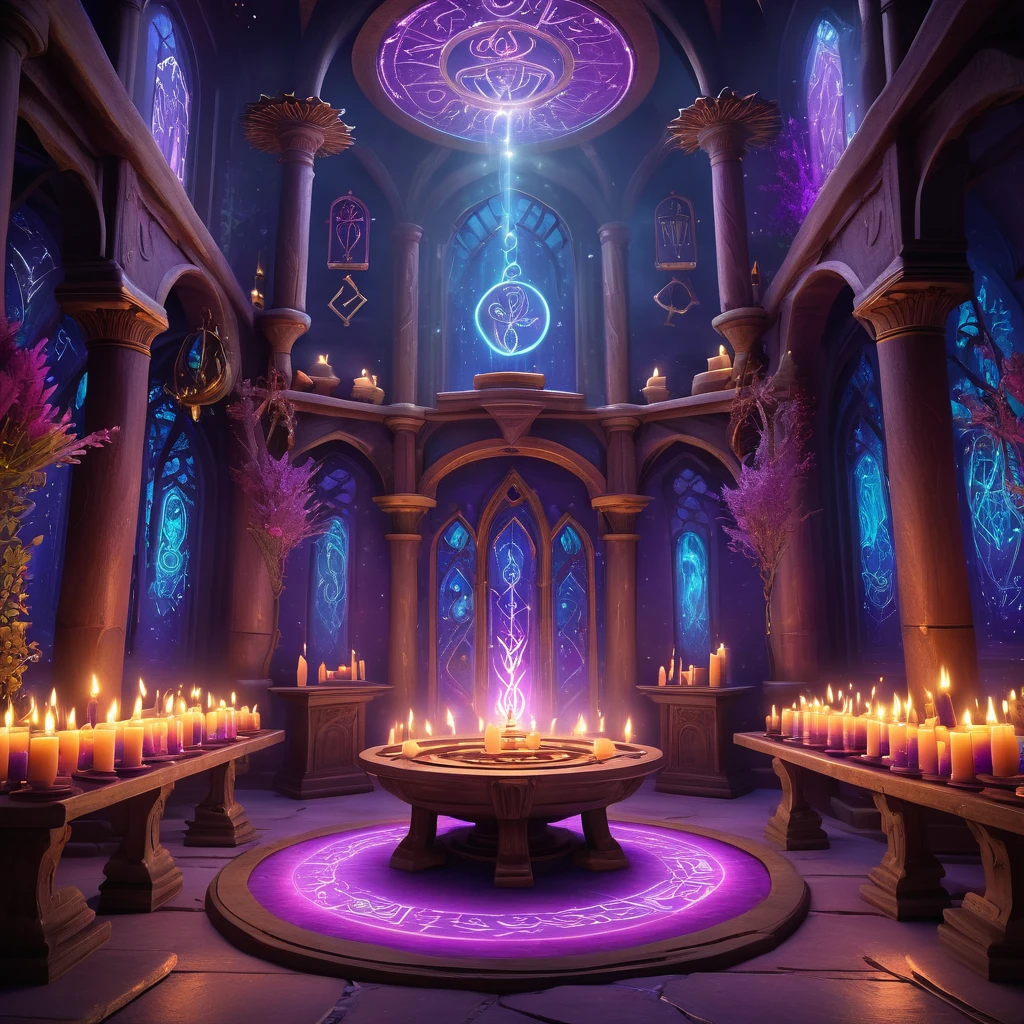 (background: ancient mystical sanctuary:1.2), (central focus: ornate altar covered in ancient runes, glowing softly:1.3), (Accessories: floating candles with flickering flames, enchanted talismans hanging from the ceiling, shimmering magical symbols in the air:1.2), (ambient details: soft, ethereal light illuminating the sanctuary, shadows dancing along the walls, faint echoes of ancient incantations whispering through the air:1.2), (environmental magic: swirling mists drifting across the floor, revealing glimpses of otherworldly landscapes and mystical entities:1.5), (additional elements: shelves filled with ancient tomes and mystical artifacts, spellbook open on a nearby pedestal with pages turning by themselves, glowing runes pulsating with arcane energy:1.3), (mystical atmosphere: sparks of magical energy drifting through the air, a gentle hum of power resonating throughout the sanctuary, the scent of rare herbs and incense filling the space:1.5), (additional magical focus: enchanted mirrors reflecting otherworldly scenes, floating crystals emitting soft, colorful glows, and a cauldron with bubbling, glowing liquid:1.4), (ambient creatures: ethereal butterflies flitting about, leaving trails of light, and ghostly figures glimpsed out of the corner of the eye:1.2), (ambient enchantments: arcane glyphs floating mid-air, slowly rotating and glowing with otherworldly energy:1.4), (additional mystical elements: enchanted fountains with water that glows and flows upwards, mystical portals flickering open and closed, revealing distant, magical realms:1.6), (ambient sounds: gentle chiming of unseen bells, whispers of ancient spells, and distant, melodious chanting:1.3), (colorful magic: vibrant, swirling hues of purple, blue, and pink lights emanating from magical sources, casting a kaleidoscope of colors across the sanctuary:1.5), (ambient flora: glowing, bioluminescent plants in shades of violet and magenta, adding a touch of natural magic to the scene:1.4), best qual