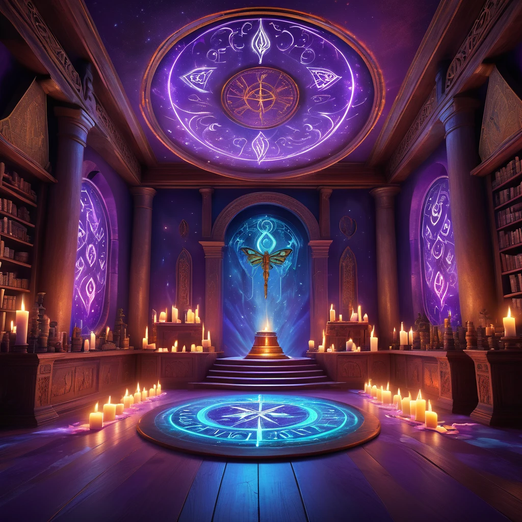 (background: ancient mystical sanctuary:1.2), (central focus: ornate altar covered in ancient runes, glowing softly:1.3), (Accessories: floating candles with flickering flames, enchanted talismans hanging from the ceiling, shimmering magical symbols in the air:1.2), (ambient details: soft, ethereal light illuminating the sanctuary, shadows dancing along the walls, faint echoes of ancient incantations whispering through the air:1.2), (environmental magic: swirling mists drifting across the floor, revealing glimpses of otherworldly landscapes and mystical entities:1.5), (additional elements: shelves filled with ancient tomes and mystical artifacts, spellbook open on a nearby pedestal with pages turning by themselves, glowing runes pulsating with arcane energy:1.3), (mystical atmosphere: sparks of magical energy drifting through the air, a gentle hum of power resonating throughout the sanctuary, the scent of rare herbs and incense filling the space:1.5), (additional magical focus: enchanted mirrors reflecting otherworldly scenes, floating crystals emitting soft, colorful glows, and a cauldron with bubbling, glowing liquid:1.4), (ambient creatures: ethereal butterflies flitting about, leaving trails of light, and ghostly figures glimpsed out of the corner of the eye:1.2), (ambient enchantments: arcane glyphs floating mid-air, slowly rotating and glowing with otherworldly energy:1.4), (additional mystical elements: enchanted fountains with water that glows and flows upwards, mystical portals flickering open and closed, revealing distant, magical realms:1.6), (ambient sounds: gentle chiming of unseen bells, whispers of ancient spells, and distant, melodious chanting:1.3), (colorful magic: vibrant, swirling hues of purple, blue, and pink lights emanating from magical sources, casting a kaleidoscope of colors across the sanctuary:1.5), (ambient flora: glowing, bioluminescent plants in shades of violet and magenta, adding a touch of natural magic to the scene:1.4), best qual