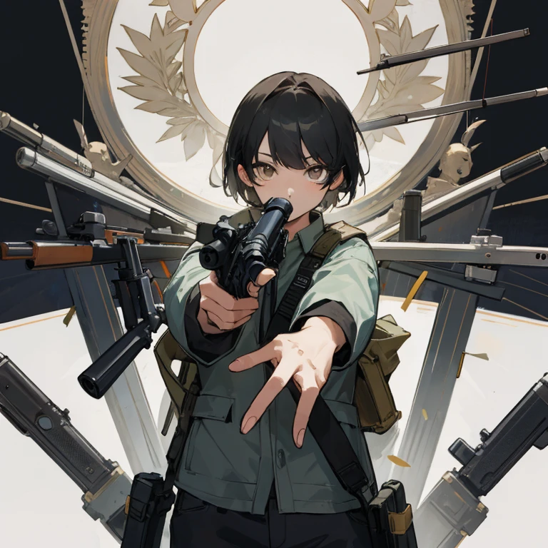 masterpiece, Highest quality, Audience alone,official_art,holding gun,handgun,hold a gun and take aim,aiming at viewer,gun,no highlight eye,He&#39;s fighting in the Cathedral.,