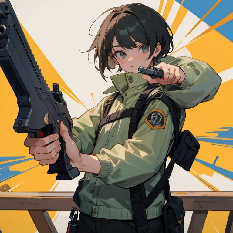 masterpiece, Highest quality, Audience alone,official_art,holding gun,handgun,hold a gun and take aim,aiming at viewer,gun,no highlight eye,He&#39;s fighting in the Cathedral.,