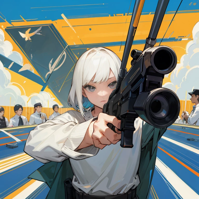 masterpiece, Highest quality, Audience alone,official_art,holding gun,handgun,hold a gun and take aim,aiming at viewer,gun,no highlight eye,He&#39;s fighting in the Cathedral.,