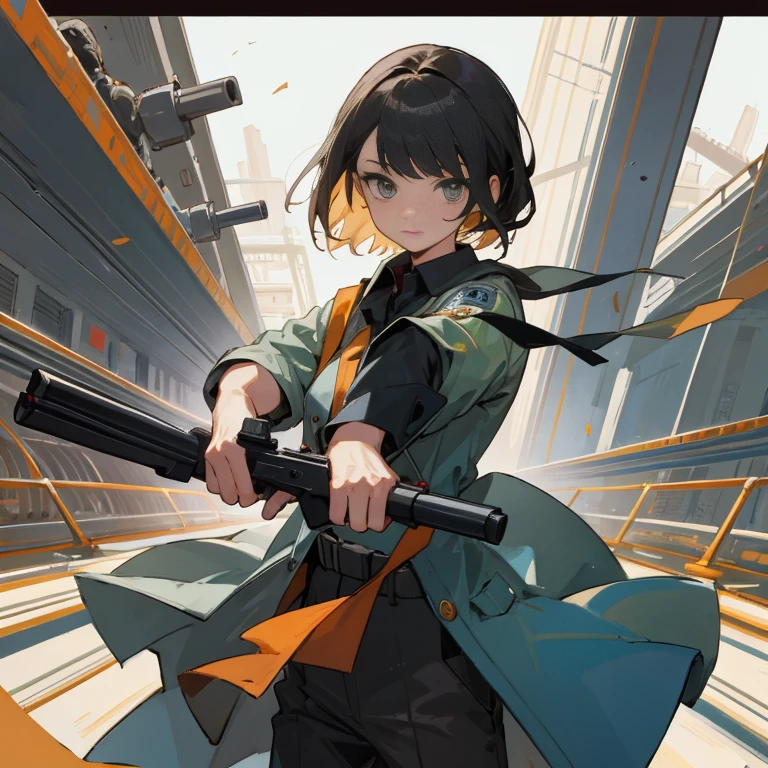 masterpiece, Highest quality, Audience alone,official_art,holding gun,handgun,hold a gun and take aim,aiming at viewer,gun,no highlight eye,He&#39;s fighting in the Cathedral.,