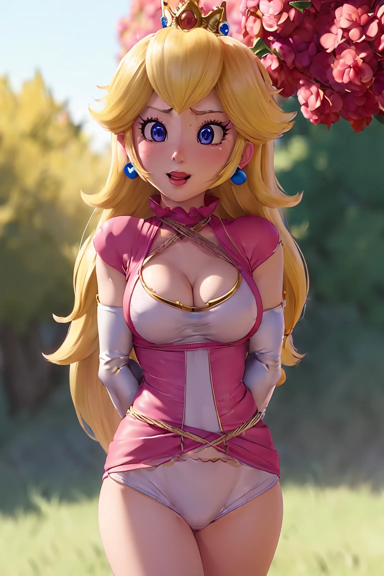 princess peach (NSFW) (Draw only one woman: 2) (shibari, arms behind back:1.4), (hands behind back), solo, 1girl, full body shot, complete shot, complete body, bondage, gagged, gag, bondage, mask_gag, mask, suspended, chest harness, tied_breasts, ropes, rope, tied, mask_on, otm,otn, standing by wooden pole, shibari, crotch_rope, crotchrope, (covering the face)