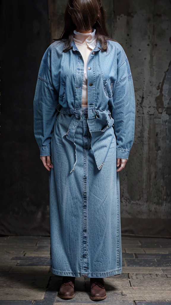 waist up potrait of french woman with white skins, blue eyes, dark brown hairs, wearing denim, slightly chubby, background dark studio, ultra realistic skins, ultra white skins, skins detailed, perfect eyes, eyes detailed.