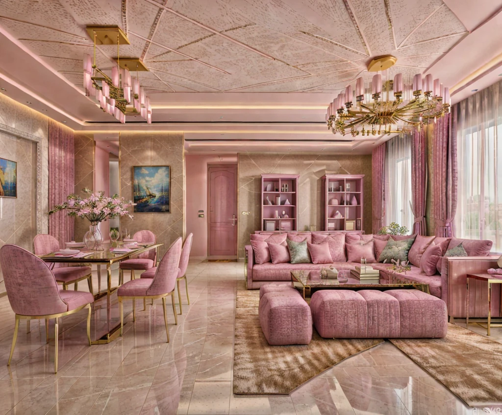 Raw photo, Masterpiece, high quality, best quality, authentic, super detail, interior duo livingroom, pink pastel