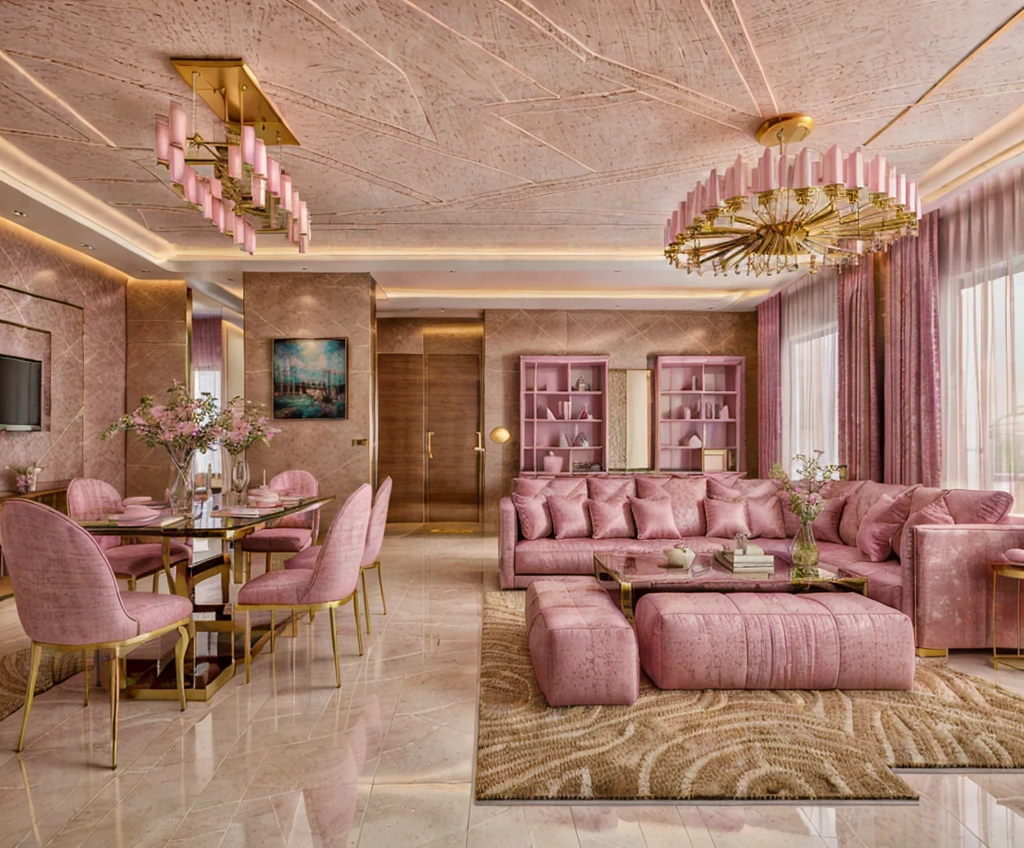 Raw photo, Masterpiece, high quality, best quality, authentic, super detail, interior duo livingroom, pink pastel