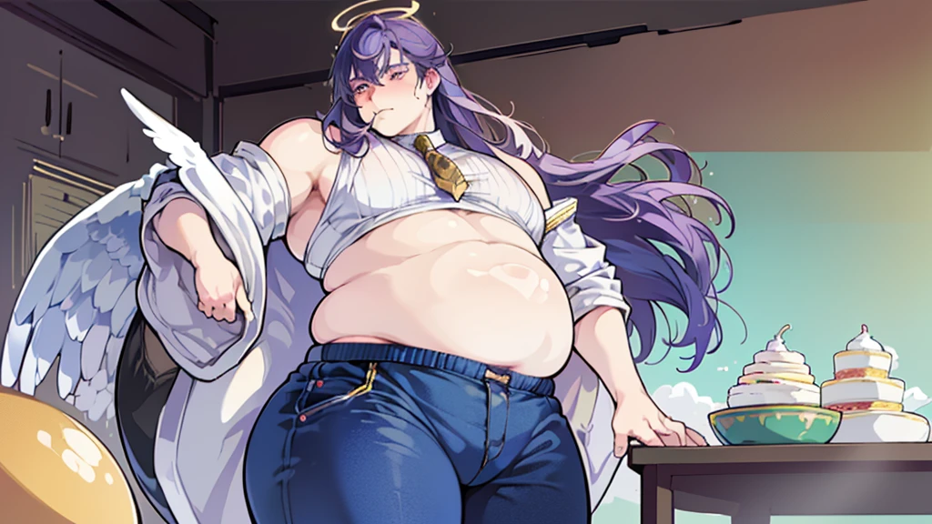 ((masterpiece, 4k quality, highly detailed)), cybernetic legs, visor, long hair, neon highlights, big belly, fat belly, ((android boy)), ((solo male)), exposed belly, blushing, sweating, ((sci-fi)), choker, cyberpunk clothes, skimpy clothes, soft skin, white metal, ((pants bulge, dick imprint, cock bulge)), ONE MALE, avoiding eye contact, awkward body language, ((belly focus)), ((anxious expression)), ((slightly muscular fat arms)), ((sweaty))
