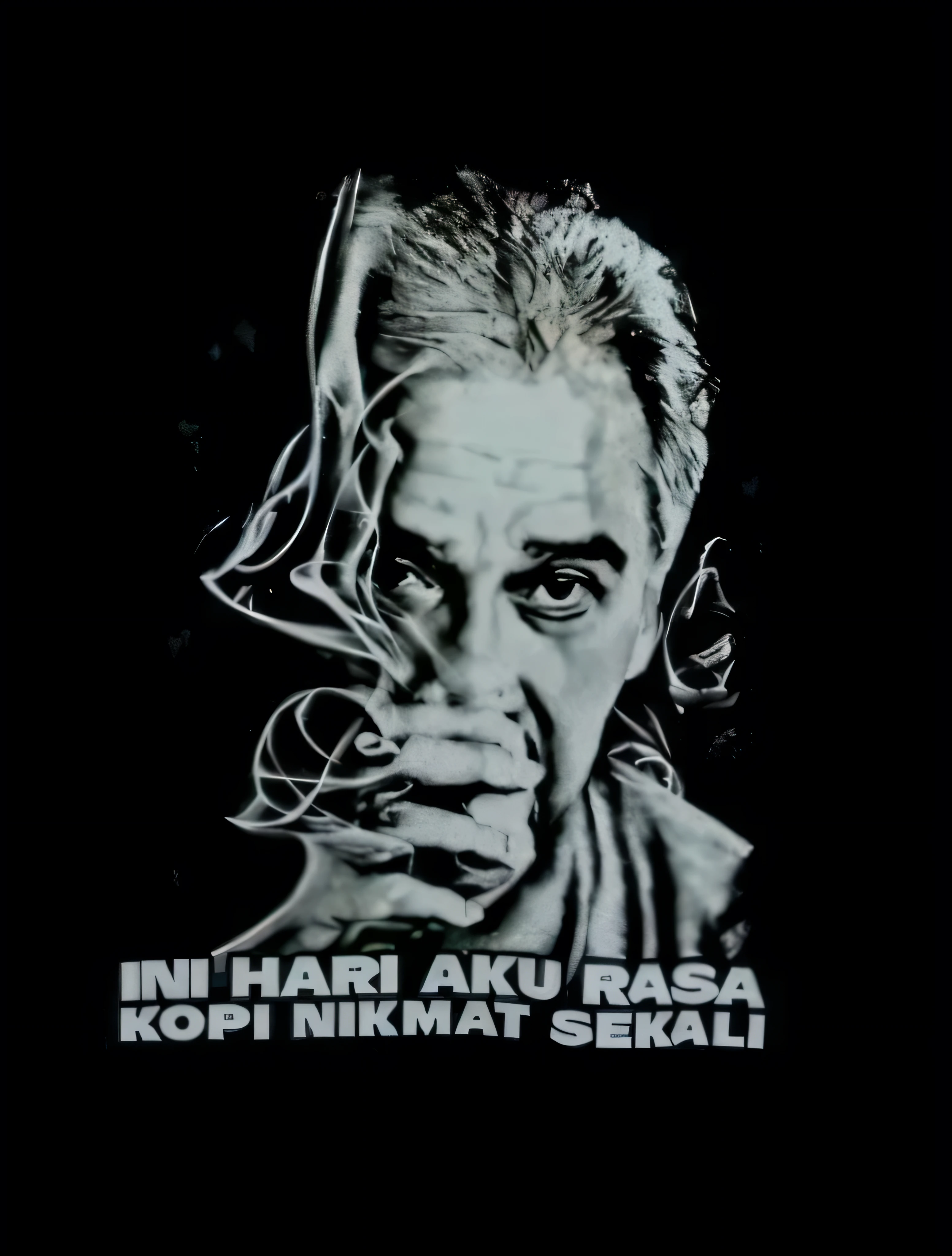 there is a black and white photo of a man smoking a cigarette, style of ade santora, inspired by Basuki Abdullah, hisasi, by I Ketut Soki, shirt art, inspired by Bohumil Kubista, tshirt design, semi realism, by Basuki Abdullah, smoking, silkscreen t-shirt art, smoker, dr zeus