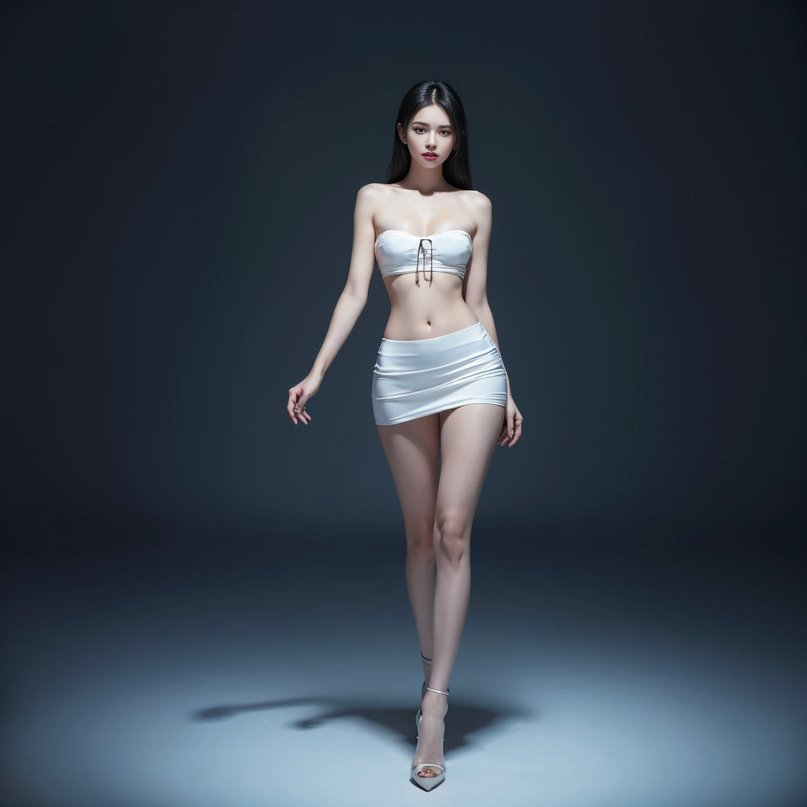 35mm Photography, White cropped top,Mesh Bandeau Bra,Large Breasts,Prominent cleavage,Navel exposed,Hip skirt,Show your thighs, beautiful sexy girl, Perfect eyes, Hourglass figure,Clear focus, 8k HD, Crazy details, complicated, Caenorhabditis elegans, Atmospheric 4k super detail, Sensibility, Clear focus, masterpiece, color, Surreal, vivid colors, (Highly detailed CG Unity 8k wallpaper), complicated, High Detail, Clear focus, Practical, symmetry, Volumetric Lighting, Full body portrait,Standing,Exquisite high heels