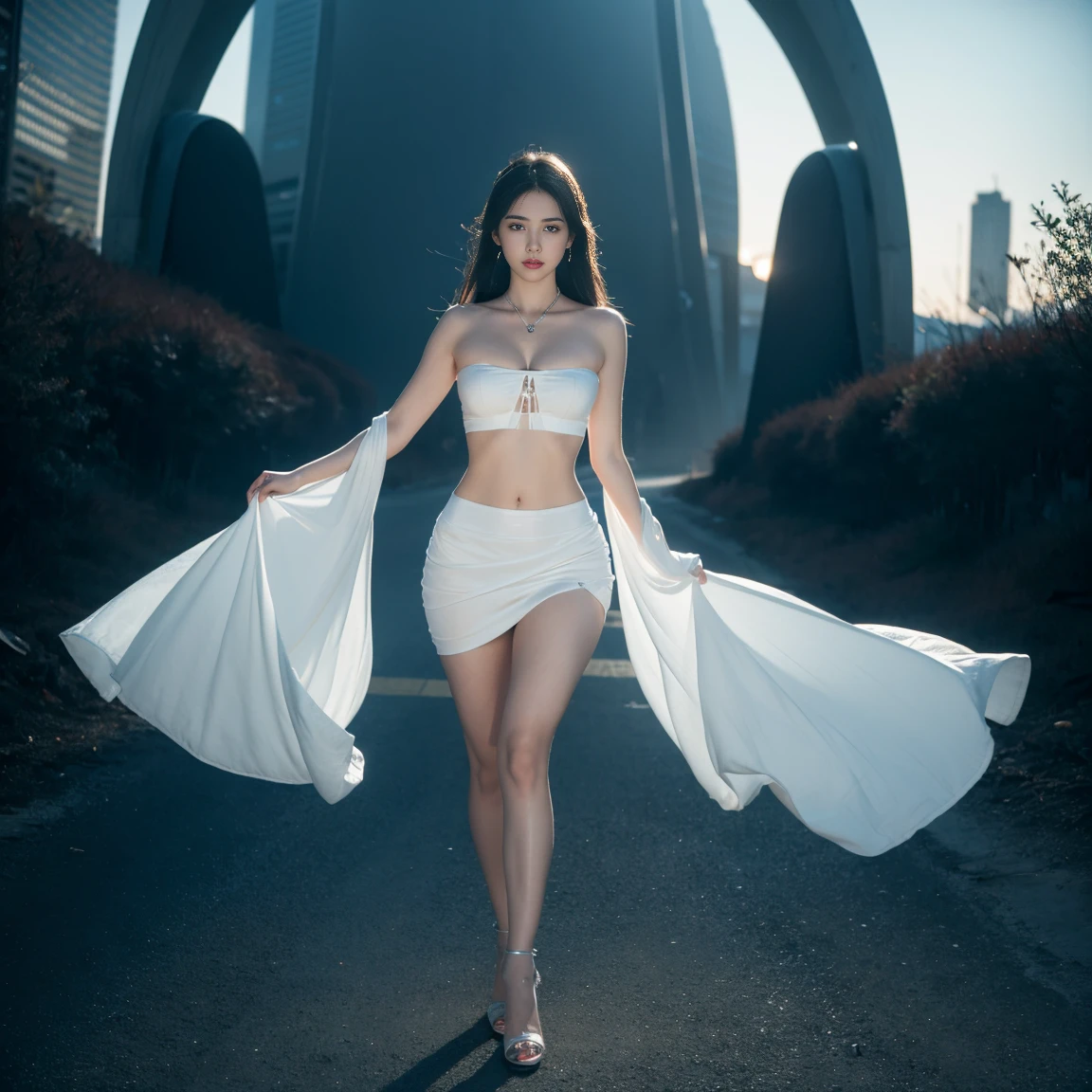 35mm Photography, White cropped top,Mesh Bandeau Bra,Large Breasts,Prominent cleavage,Navel exposed,Hip skirt,Show your thighs, beautiful sexy girl, Perfect eyes, Hourglass figure,Clear focus, 8k HD, Crazy details, complicated, Caenorhabditis elegans, Atmospheric 4k super detail, Sensibility, Clear focus, masterpiece, color, Surreal, vivid colors, (Highly detailed CG Unity 8k wallpaper), complicated, High Detail, Clear focus, Practical, symmetry, Volumetric Lighting, Full body portrait,Standing,Exquisite high heels