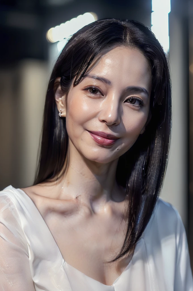 Japanese Mature, (Solitary), 50 years old, (Wrinkles at the corners of the eyes:1.2), Large Breasts, , charm, Sexy, Fair skin, Looking at the audience、超Large Breasts、(Exquisite makeup:1.4)、Sleeveless knit tight knit Dresuchimuchi、High heel、Smile、Night in the city、prostitute、