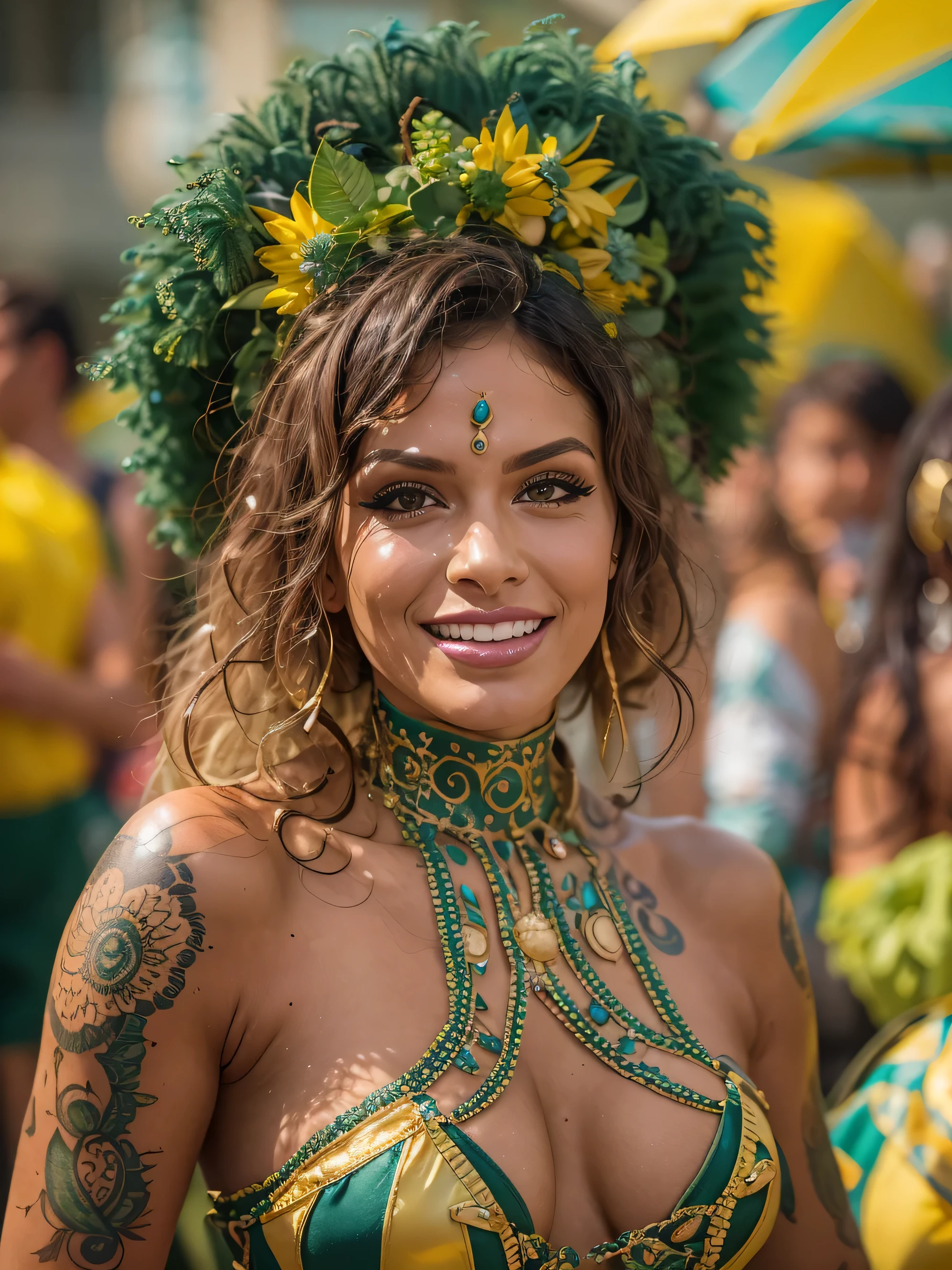 Amazing and ultra hot Brazilian transgender woman celebrating life in carnival,(bzccostume), bodypaint, ultra hot, she is ultra hot and sexy body, she has amazing figure, delicious round booty,((body painted body1.4)),small natural breast, beautiful gaze, happy smile, curly hair, latina transgender, shemale, sexy shemale, Carnival in Brazil, detailed background, depth in vision