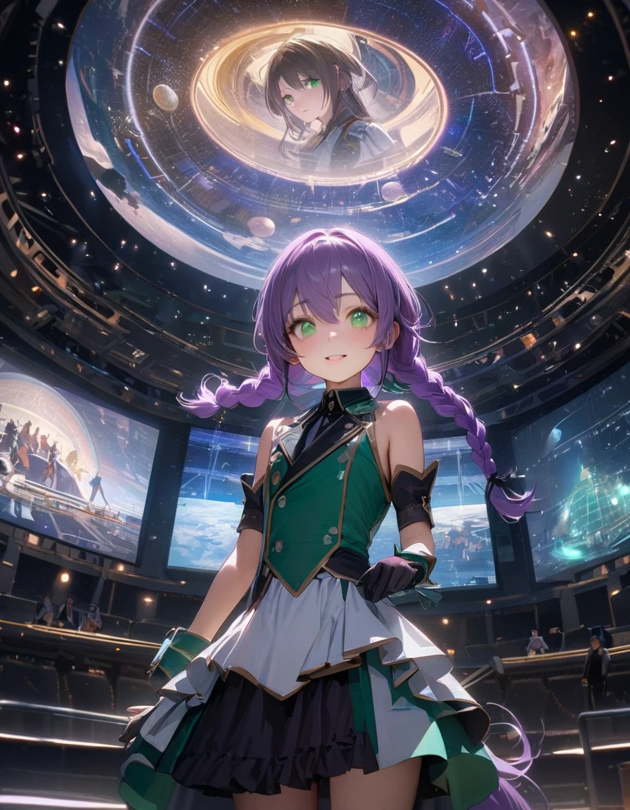 (8K, best quality, master piece: 1.2), super high resolution,1 idol,独奏,16yo,ultra-detailed face,detailed eyes,green eyes, intelligent glasses,the girl is singing while standing in the center of the planetarium, where the seats are arranged in a circle.((long fish-bone braid hair, pony-tail-style)), purple hair,happy, white and green idol costume,The costumes is decorated with black ribbons,Cowboy Shot,Stage Lighting,A picture of Cancer connected by lines on the ceiling,realistic and beautiful image of the inside of a planetarium, showcasing a dazzling display of stars and constellations on its dom