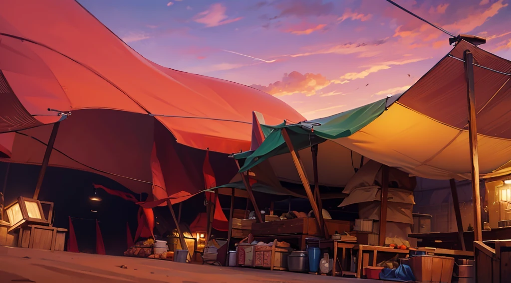 traditional market, (market stalls, market tents, canopies, tarp canopy), butchery, wooden boxes, wooden basket, wire,, sand ground, dawn sky, dark morning, low angle, 