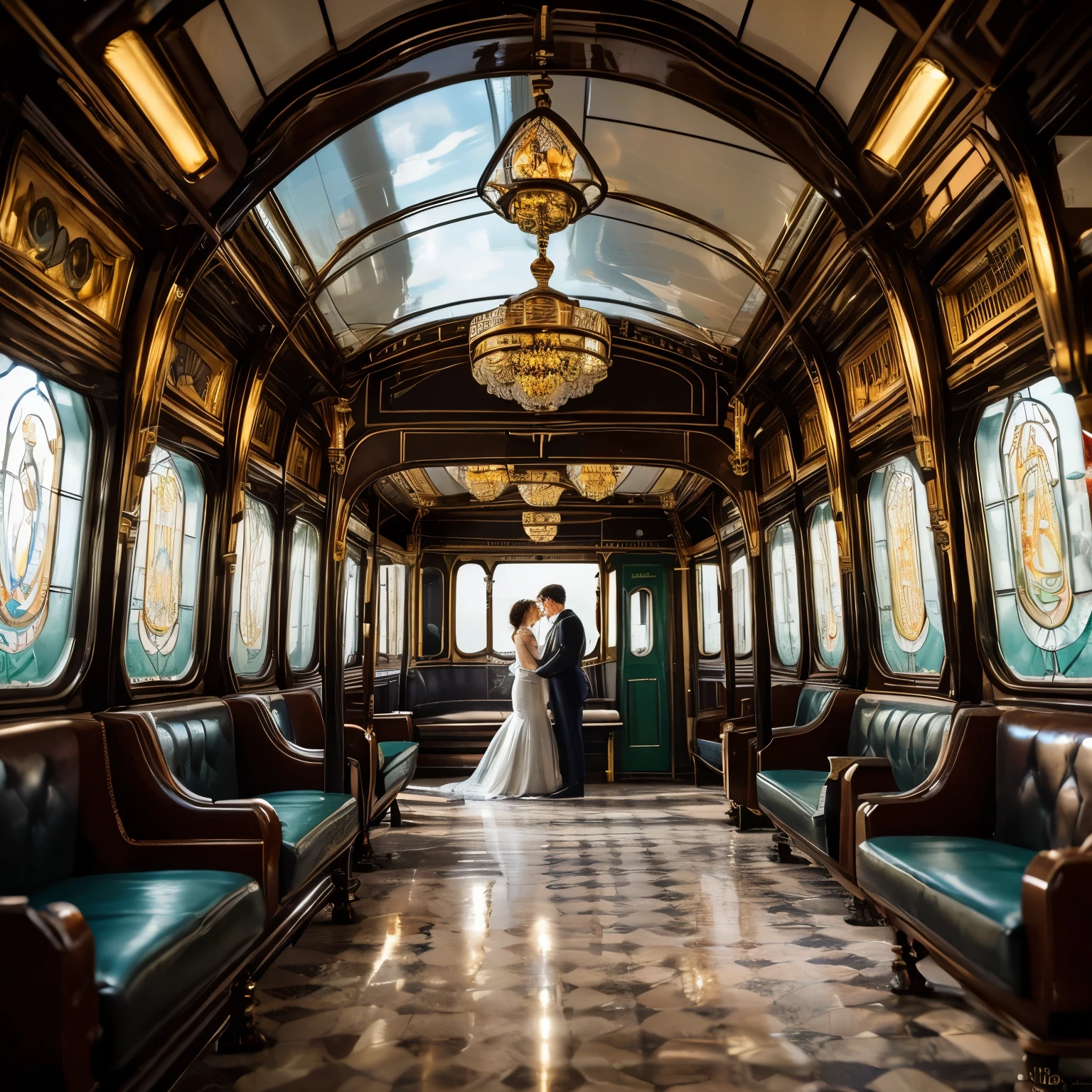 (best quality,4k,8k,highres,masterpiece:1.2),ultra-detailed,(realistic,photorealistic,photo-realistic:1.37),steam punk,a luxurious Train Station,spotlessly clean,several steam punk entertainment gadgets are present,golden steam-powered machines,exquisite clockwork mechanisms,elaborate brass gears and cogs,steaming pipes and valves,ornate Victorian architecture,impeccably polished marble floors,vintage leather-upholstered seating,gleaming crystal chandeliers,elegant top hats and corsets,curved wrought-iron staircases,copper-clad ticket booths,an opulent waiting lounge with plush velvet seats,an old-fashioned ticket conductor standing at the platform,steam-powered trains arriving and departing with a majestic hissing sound,couples in elegant attire waiting to board the train,a sense of excitement and anticipation in the air,beautifully painted vintage train carriages,puffs of steam billowing from the engines,strategically placed gas lamps casting a warm glow,sounds of clinking tea cups and laughter from a nearby café,vivid colors of rich burgundy,deep emerald green,and shimmering gold,all perfectly illuminated by the soft natural light streaming through large stained glass windows,captured in a timeless moment of Victorian elegance and steam-powered marvels.
