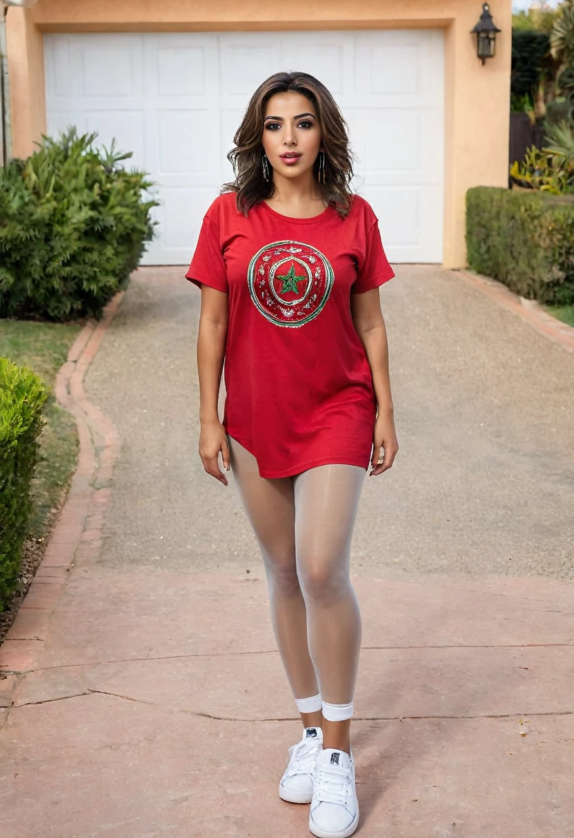 Show entire body, feet in view, gorgeous Moroccan female, hazel eyes, big , half t-shirt, pantyhose, sneakers, standing in driveway,