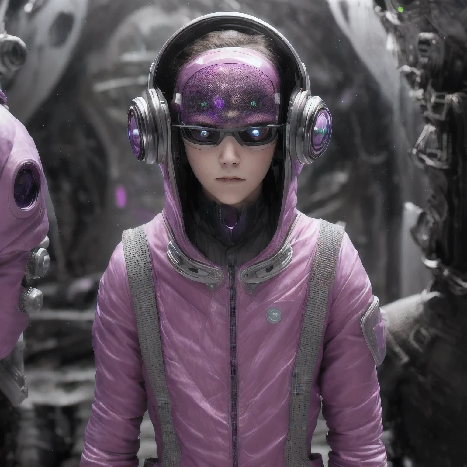 Photo of a college student, Purple Pink, Futuristic space suit, (freckle:0.8) Cute face, Science Fiction, Dystopia, Delicate eyes, Green pupils((side view))