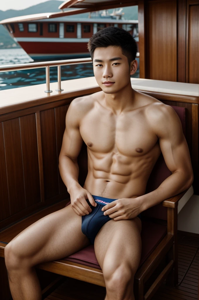 A handsome faceshape 20y/o Chinese shirtless sitting on a chair in a boat while the camera focusing Infront on him and his only wearing a underwear