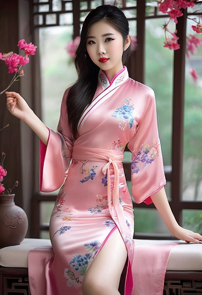 Beautiful Chinese 18 year old woman, silk qipao, photorealistic, masterpiece, tight clothes, large breasts, lipstick, beautiful face, seductive, cute, silk kimono,