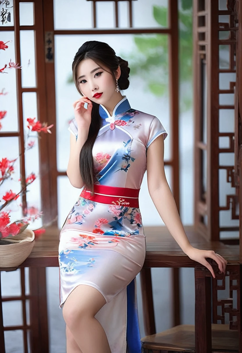 Beautiful Chinese 18 year old woman, silk qipao, photorealistic, masterpiece, tight clothes, large breasts, lipstick, beautiful face, seductive, cute, silk kimono,