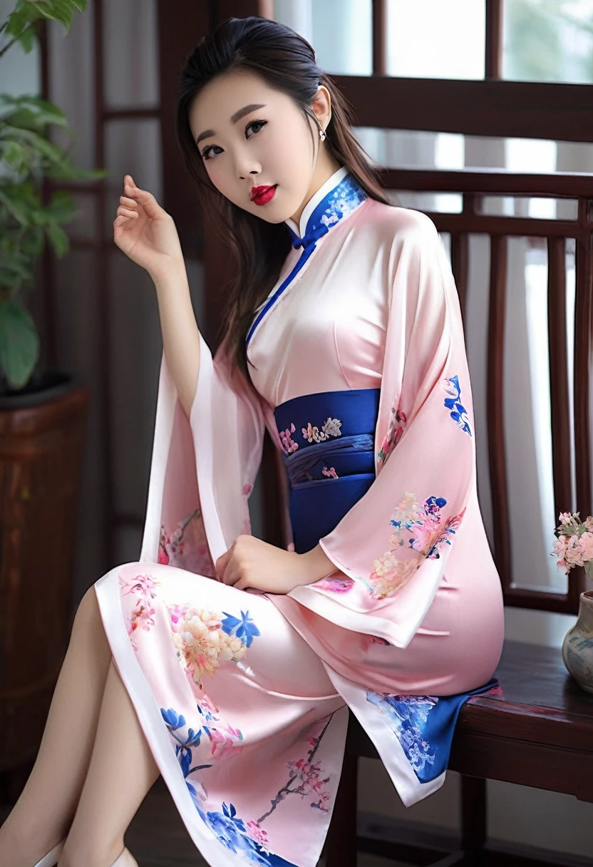 Beautiful Chinese 18 year old woman, silk qipao, photorealistic, masterpiece, tight clothes, large breasts, lipstick, beautiful face, seductive, cute, silk kimono,