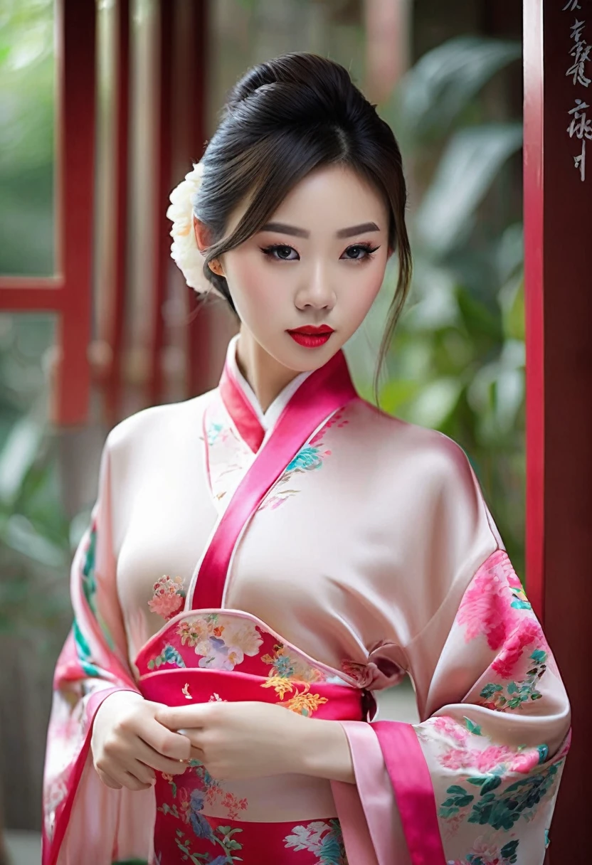 Beautiful Chinese 18 year old woman, silk qipao, photorealistic, masterpiece, tight clothes, large breasts, lipstick, beautiful face, seductive, cute, silk kimono,