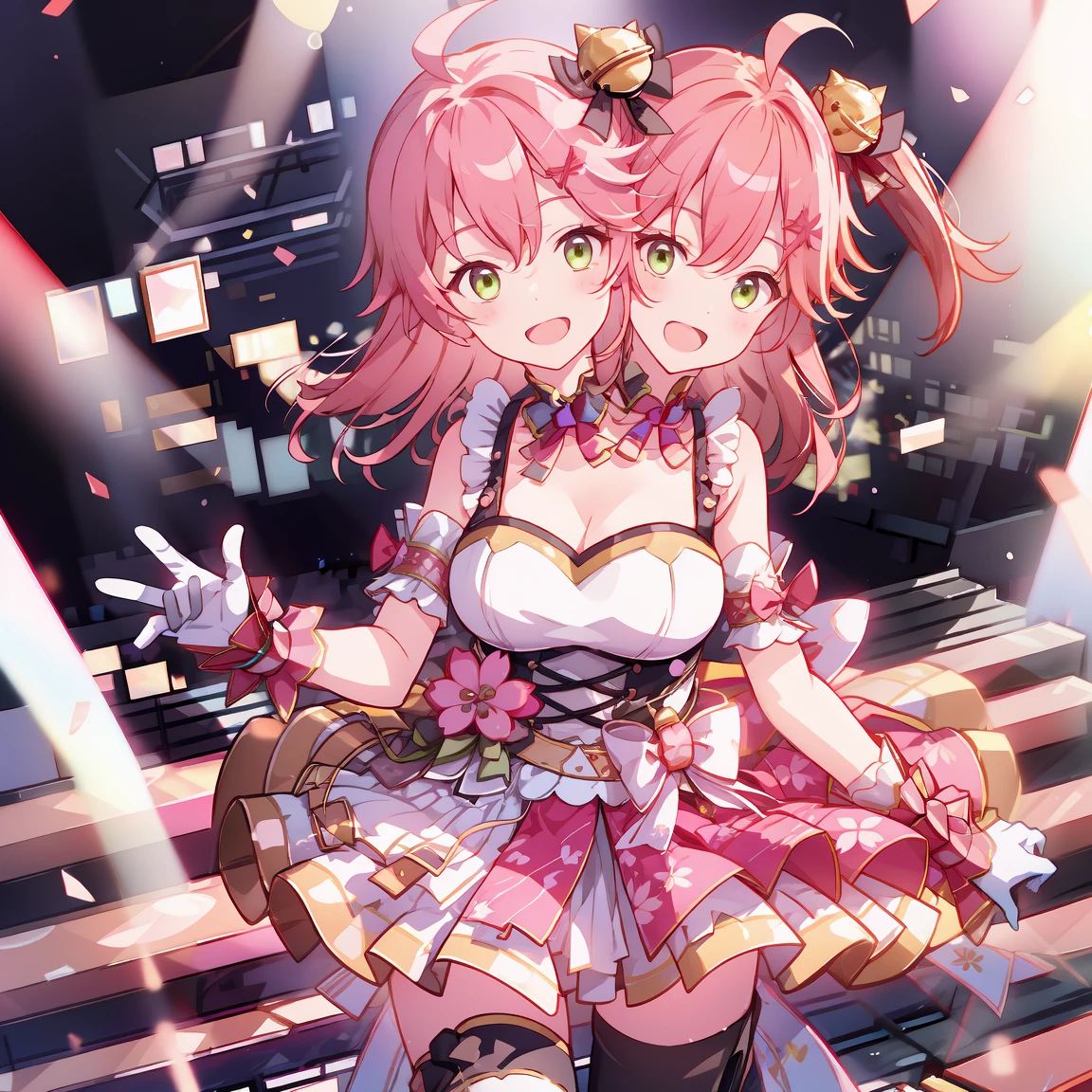 (masterpiece, best quality), best resolution, 16k, close-up, BREAK (2heads:1.5), ((cheek to cheek)), 1girl, solo, BREAK miko4, hololive idol uniform, sakura miko, idol clothes, green eyes, ahoge, pink hair, solo, x hair ornament, hairclip, single thighhigh, white gloves, long hair, floral print, bell, hair bell, cleavage, pink thighhighs, one side up, BREAK (standing, stand straight), look at viewer, (both hands above chest, perfect hands), ((cheek-to-cheek)), singing, open mouth, exciting, concert stage, starfield, spotlight, BREAK concert stage, spotlight